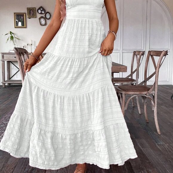White Casual Women's Ruffle Hem Spaghetti Strap Dress - Picture 7 of 7